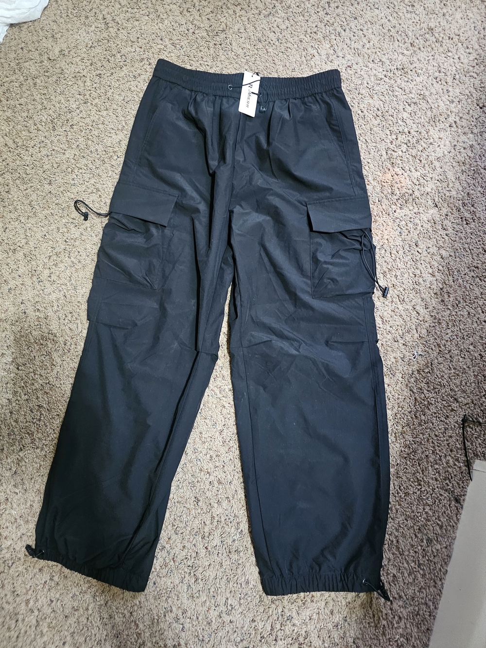 NWT JMIERR Black Baggy Parachute Cargo Pants Techwear Y2K Gorpcore Size 38 (L)